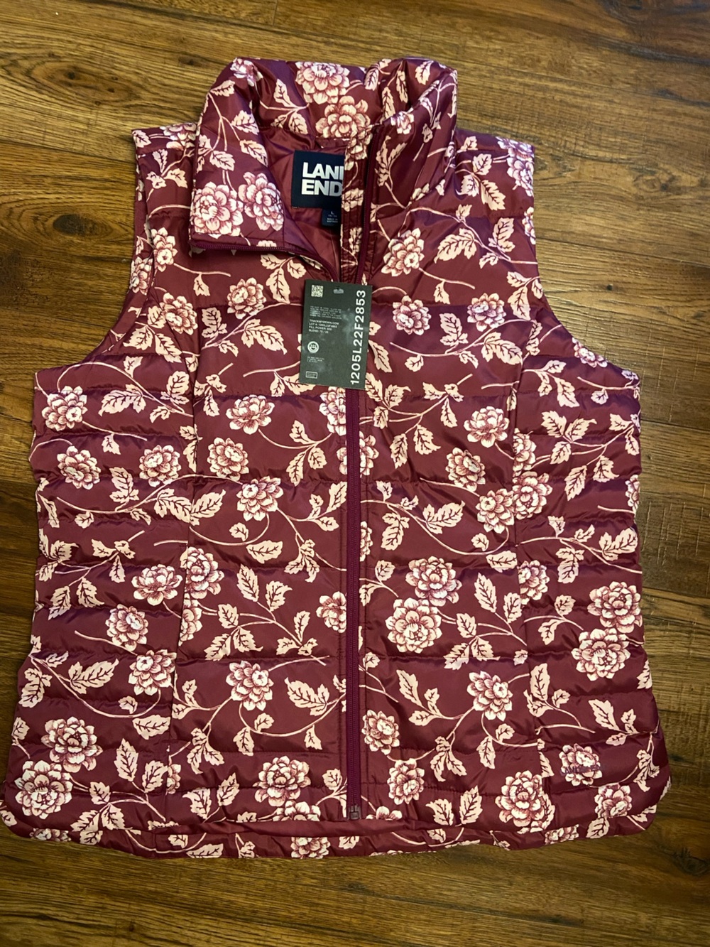 NWT Lands End floral Puffer vest Allied Feather + Down Womens Sz Large QVC Plum